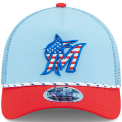 Miami Marlins New Era 2025 Fourth of July 9FORTY A-Frame M-Crown Adjustable Trucker Hat - Light Blue/Red Hats