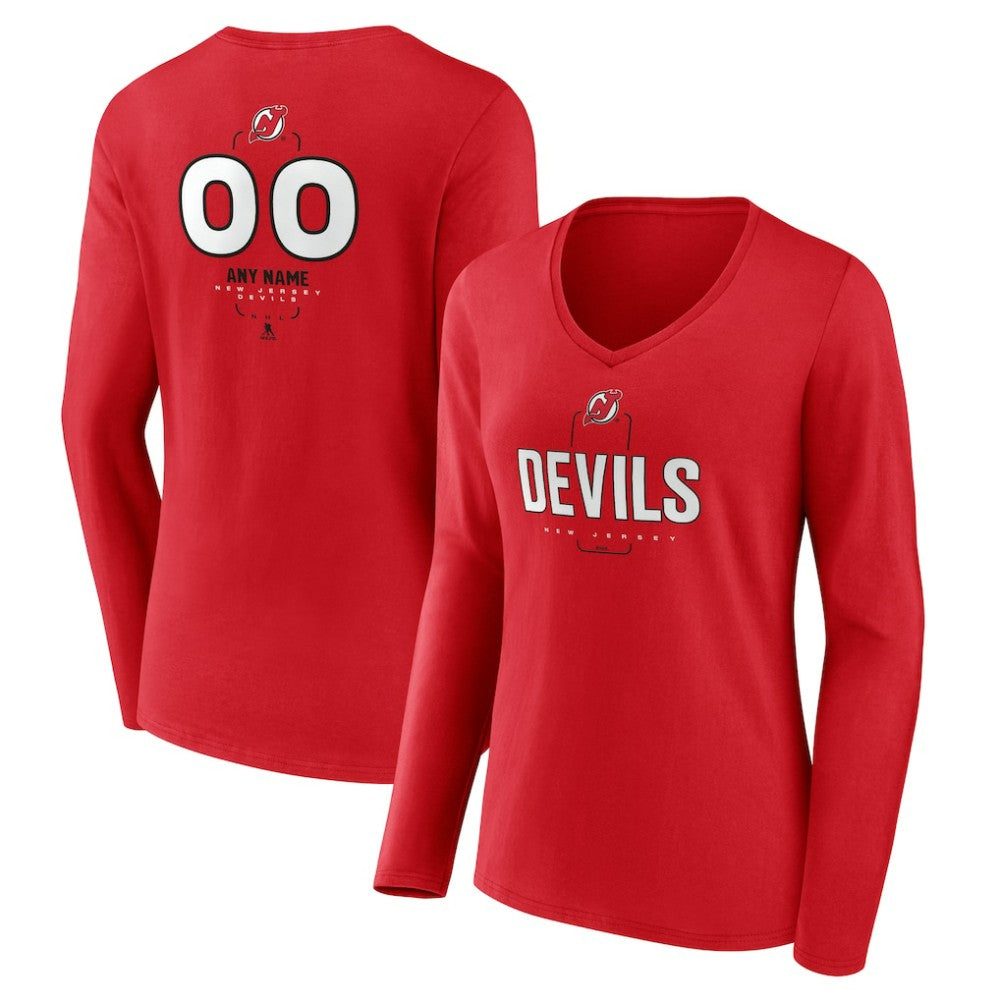 New Jersey Devils Women's Personalized Name & Number Midfielder Long Sleeve V-Neck T-Shirt - Red | US 202441194