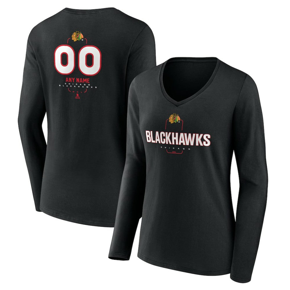 Chicago Blackhawks Women's Personalized Name & Number Midfielder Long Sleeve V-Neck T-Shirt - Black | US 202441348