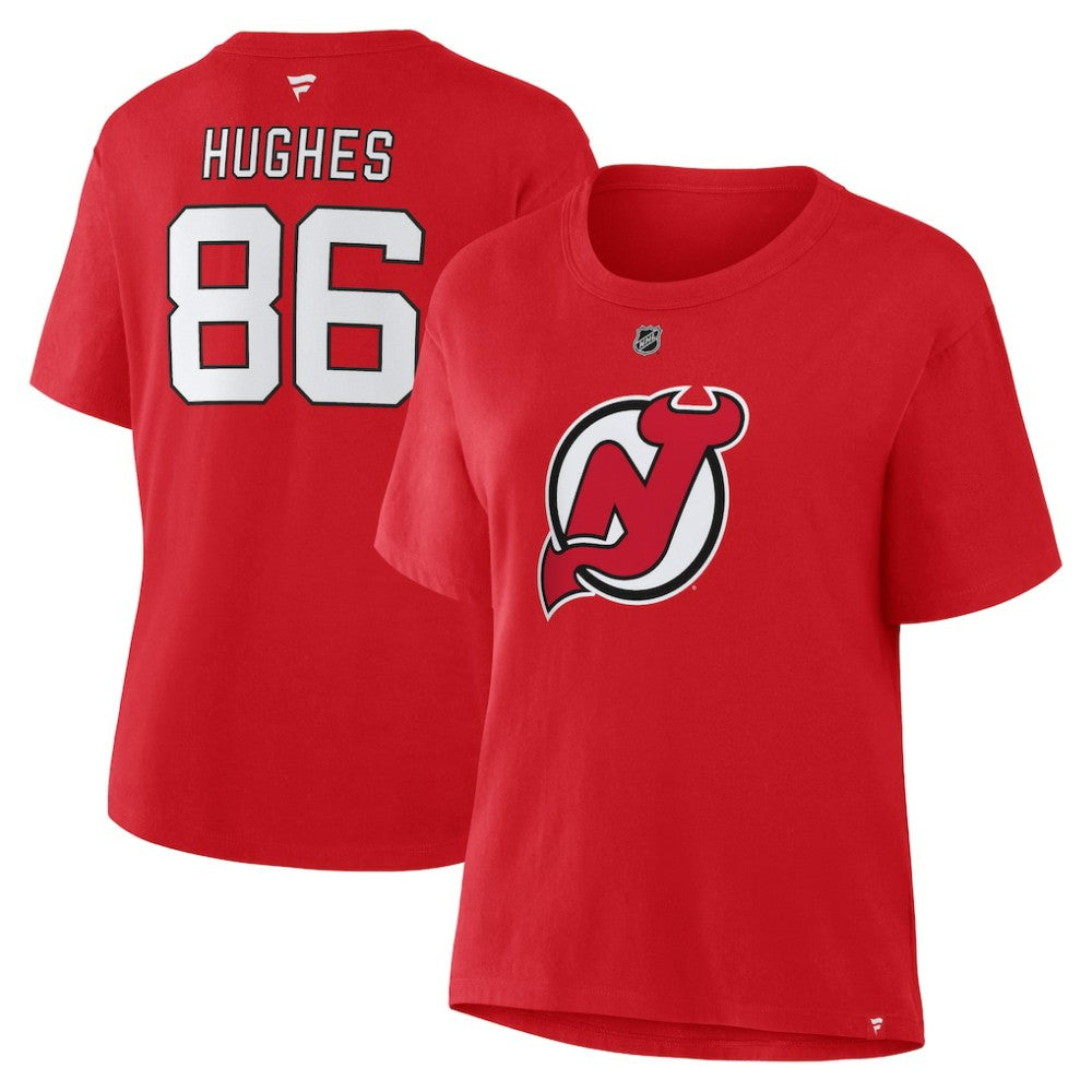 Jack Hughes New Jersey Devils Fanatics Women's Authentic Stack Name & Number T-Shirt - Red | US 202477548