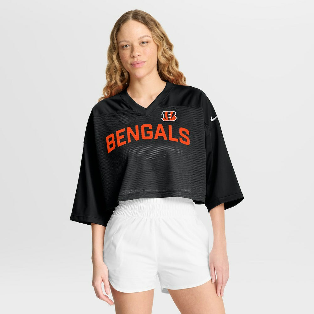 Cincinnati Bengals Women's Primetime Cropped Mesh Dri-FIT Fashion Jersey - Black Jerseys