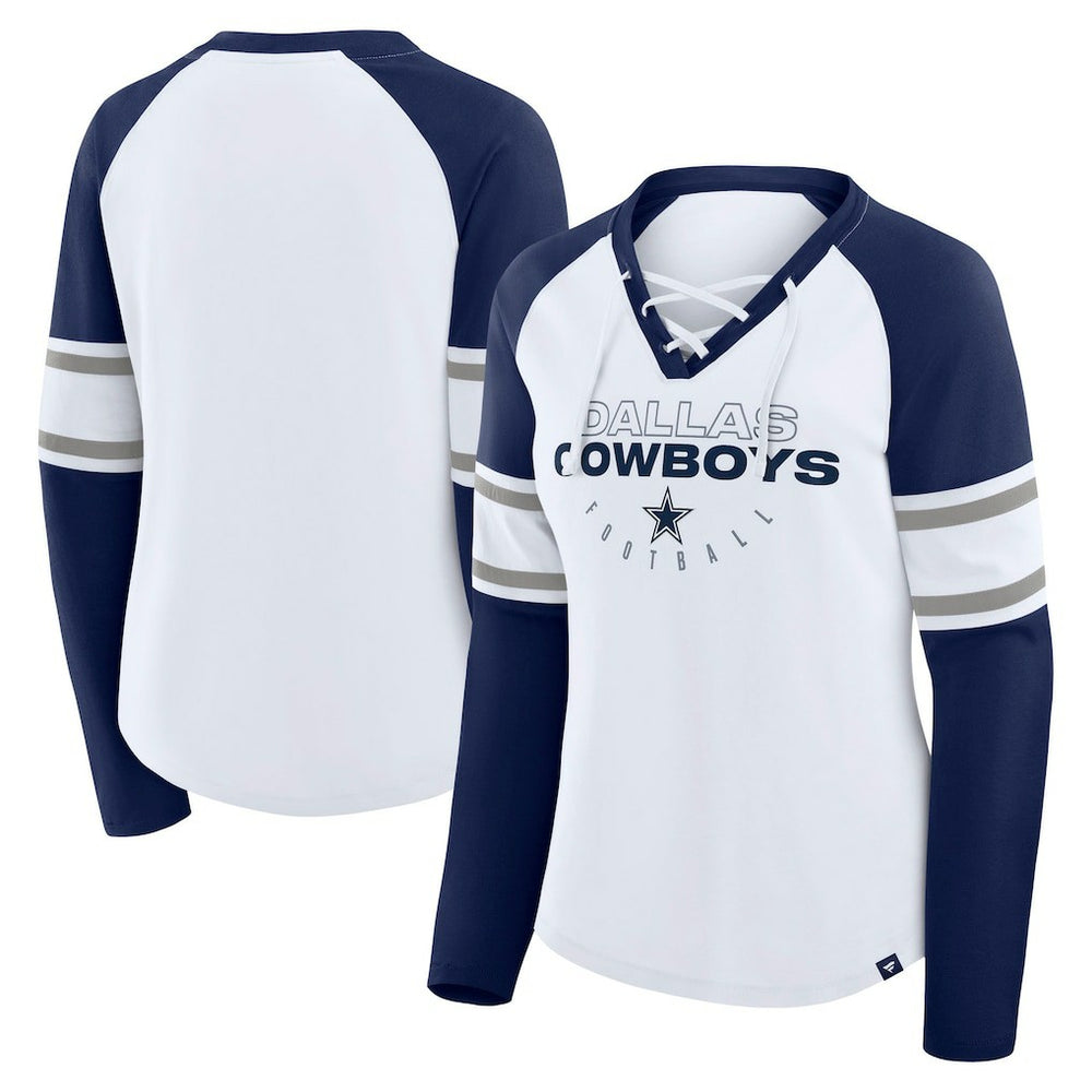 Dallas Cowboys Women's Redzone Blitz Package Raglan Lace-Up V-Neck Long Sleeve T-Shirt - White/Navy T-shirts