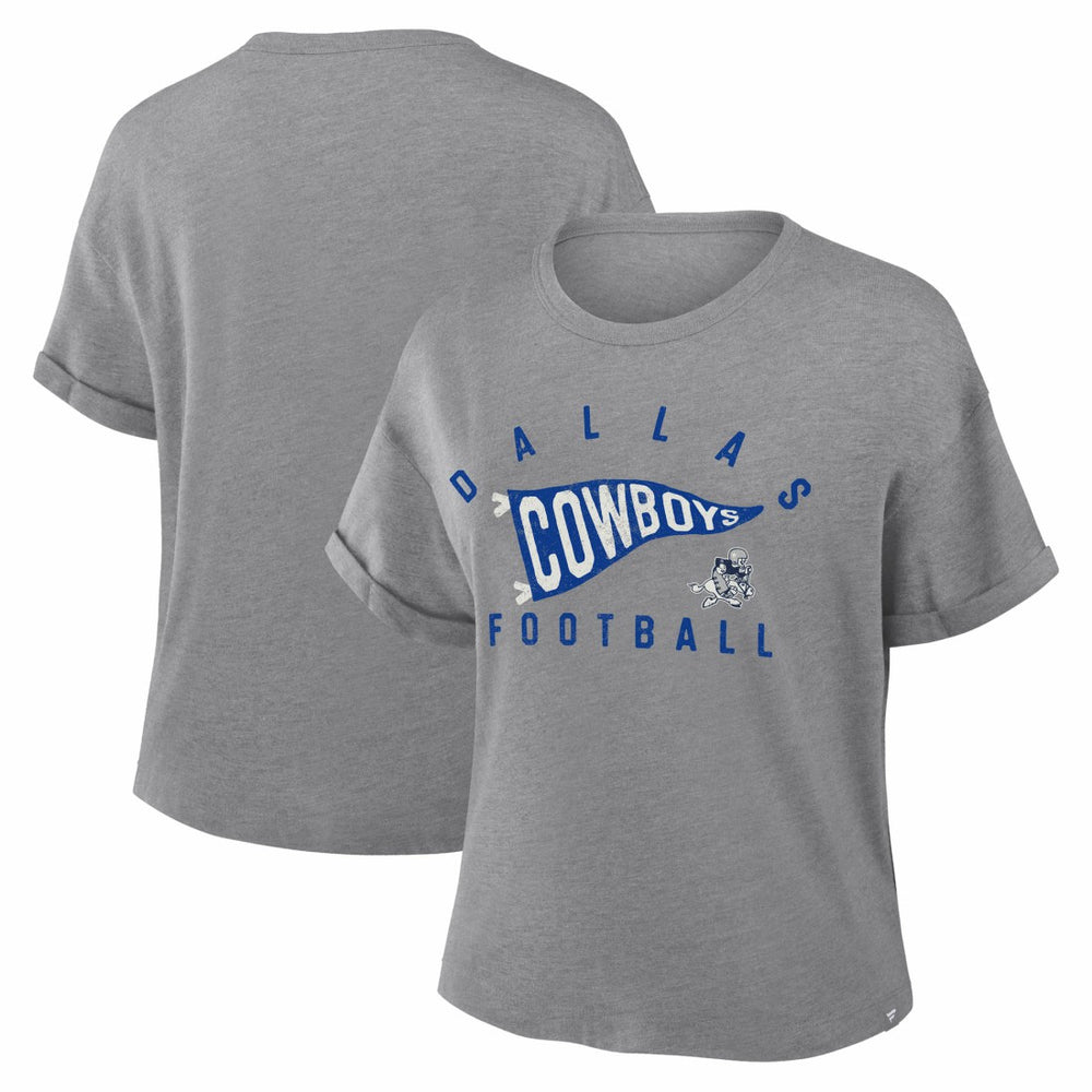 Dallas Cowboys Women's Pennant Wave Tribute Tri-Blend Boxy T-Shirt - Heather Gray T-shirts