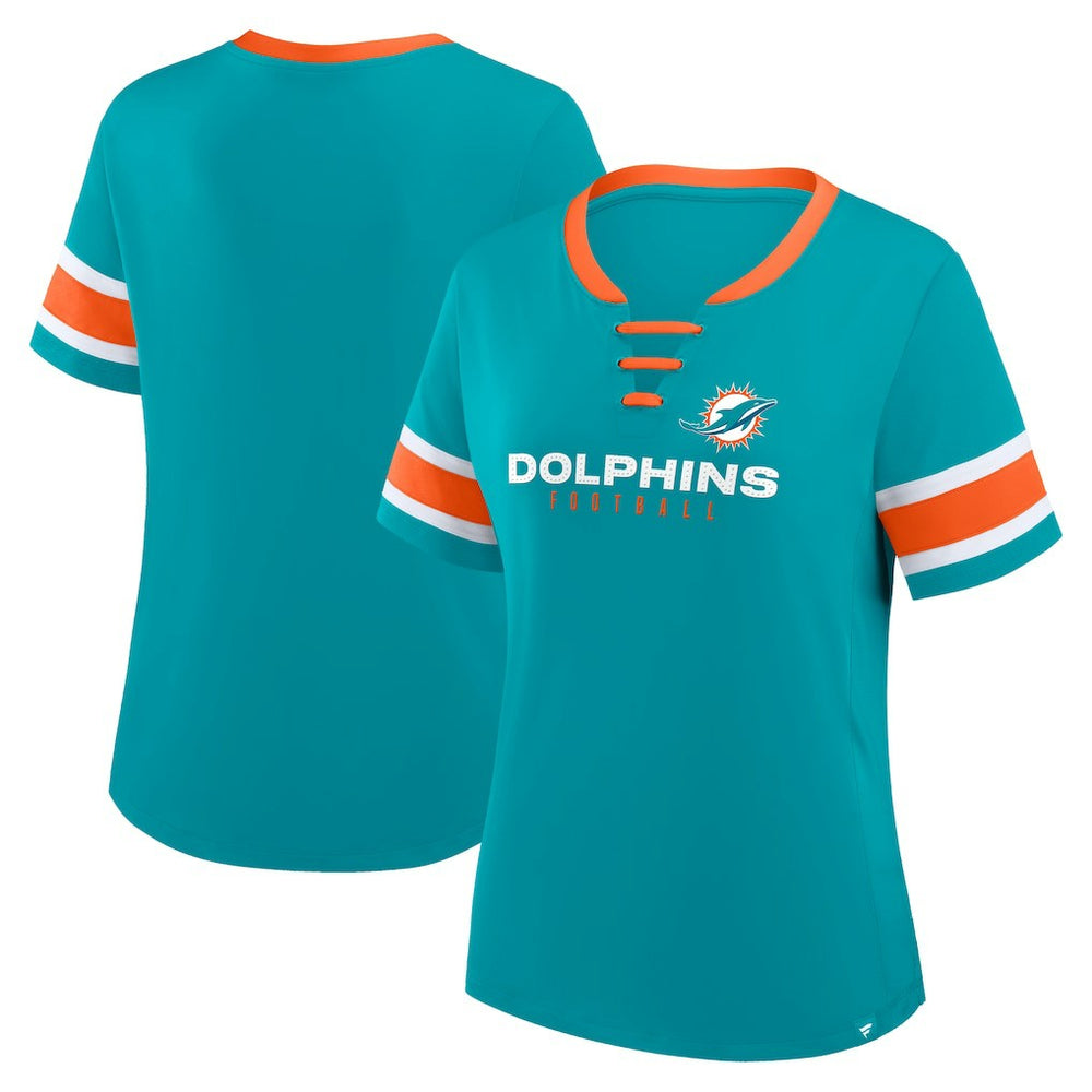 Miami Dolphins Women's Redzone Draw Play Athena Lace-Up T-Shirt - Aqua T-shirts
