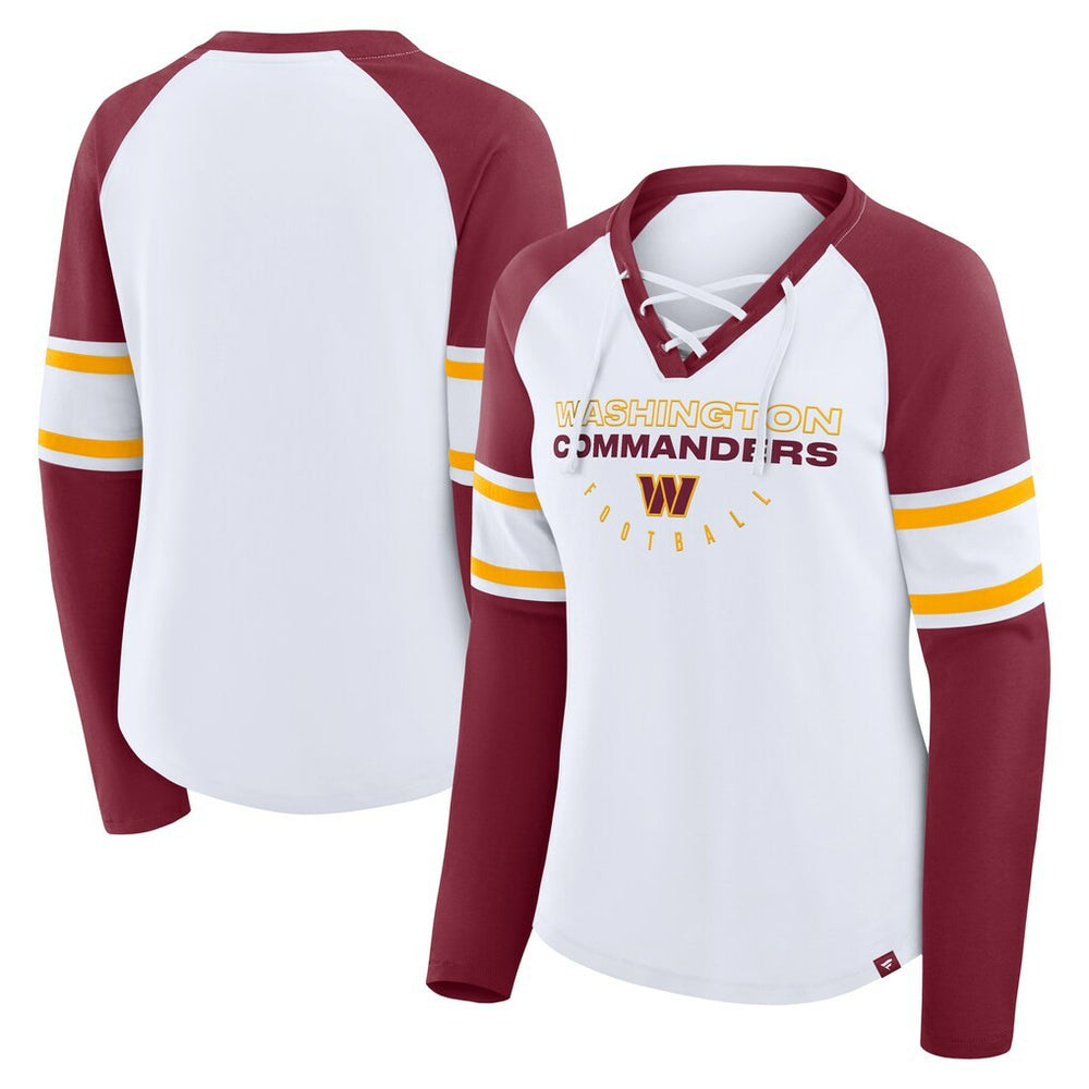 Washington Commanders Women's Redzone Blitz Package Raglan Lace-Up V-Neck Long Sleeve T-Shirt - White/Burgundy T-shirts