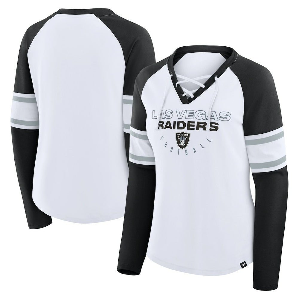 Las Vegas Raiders Women's Redzone Blitz Package Raglan Lace-Up V-Neck Long Sleeve T-Shirt - White/Black T-shirts