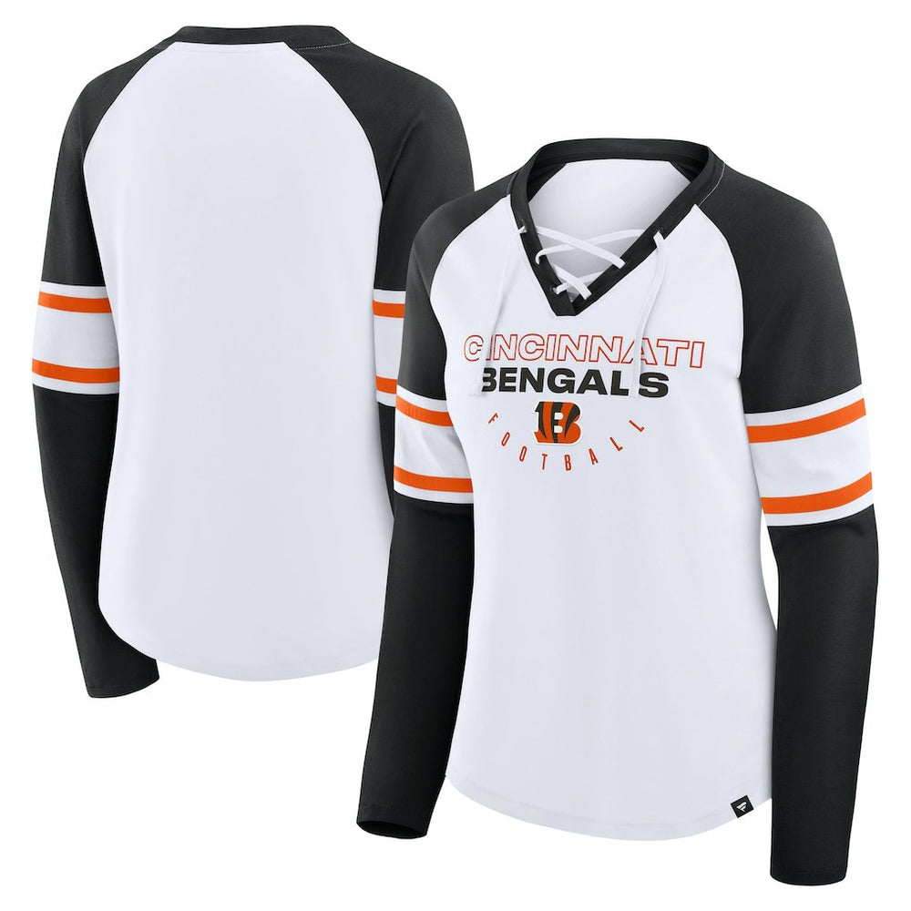 Cincinnati Bengals Women's Redzone Blitz Package Raglan Lace-Up V-Neck Long Sleeve T-Shirt - White/Black T-shirts