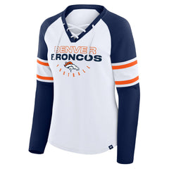 Denver Broncos Women's Redzone Blitz Package Raglan Lace-Up V-Neck Long Sleeve T-Shirt - White/Navy T-shirts