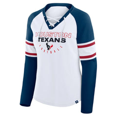 Houston Texans Women's Redzone Blitz Package Raglan Lace-Up V-Neck Long Sleeve T-Shirt - White/Navy T-shirts
