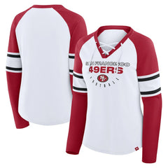 San Francisco 49ers Women's Redzone Blitz Package Raglan Lace-Up V-Neck Long Sleeve T-Shirt - White/Scarlet T-shirts