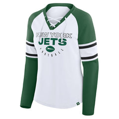 New York Jets Women's Redzone Blitz Package Raglan Lace-Up V-Neck Long Sleeve T-Shirt - White/Green T-shirts
