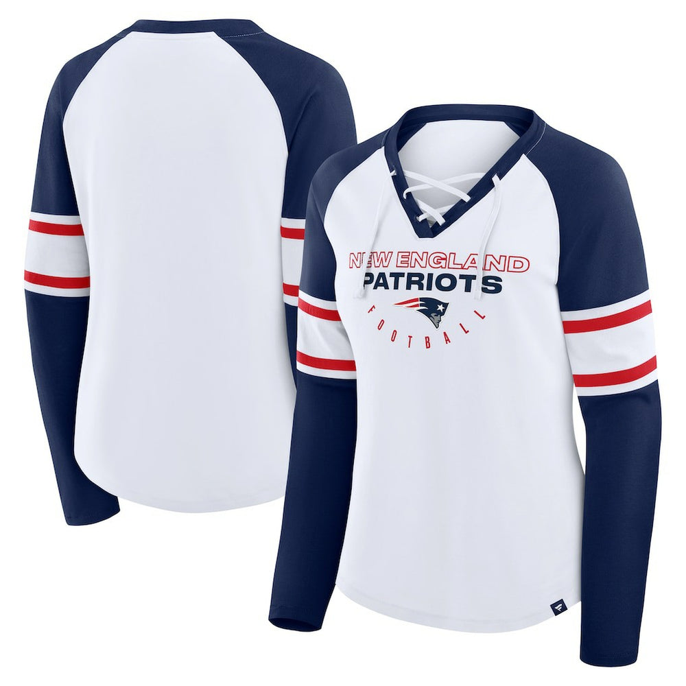 New England Patriots Women's Redzone Blitz Package Raglan Lace-Up V-Neck Long Sleeve T-Shirt - White/Navy T-shirts