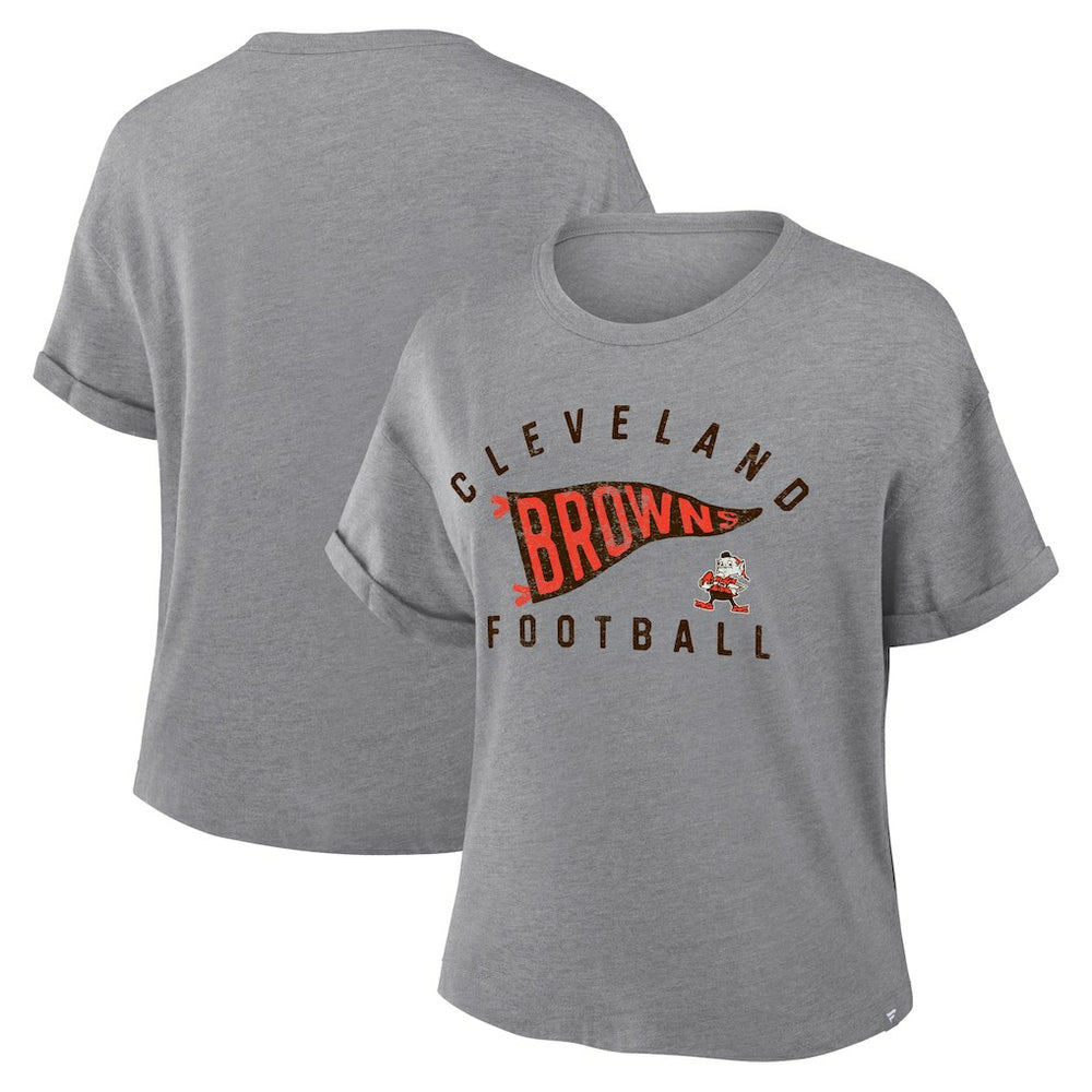 Cleveland Browns Women's Pennant Wave Tribute Tri-Blend Boxy T-Shirt - Heather Gray T-shirts