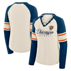 Chicago Bears Women's Hometown Gridiron Hero Raglan Lace-Up V-Neck Long Sleeve T-Shirt - Cream/Navy T-shirts
