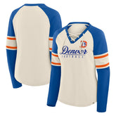 Denver Broncos Women's Hometown Gridiron Hero Raglan Lace-Up V-Neck Long Sleeve T-Shirt - Cream/Royal T-shirts