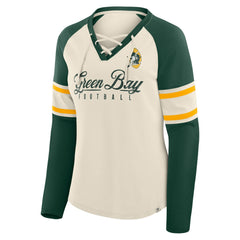 Green Bay Packers Women's Hometown Gridiron Hero Raglan Lace-Up V-Neck Long Sleeve T-Shirt - Cream/Green T-shirts