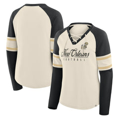 New Orleans Saints Women's Hometown Gridiron Hero Raglan Lace-Up V-Neck Long Sleeve T-Shirt - Cream/Black T-shirts