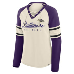 Baltimore Ravens Women's Hometown Gridiron Hero Raglan Lace-Up V-Neck Long Sleeve T-Shirt - Cream/Purple T-shirts