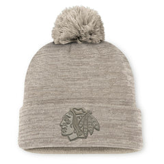 Chicago Blackhawks Fanatics Authentic Pro Road Cuffed Knit Hat with Pom - Tan | US 202499222