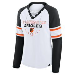 Baltimore Orioles Fanatics Women's Blitz Package Raglan Lace-Up V-Neck Long Sleeve T-Shirt - White/Black T-shirts