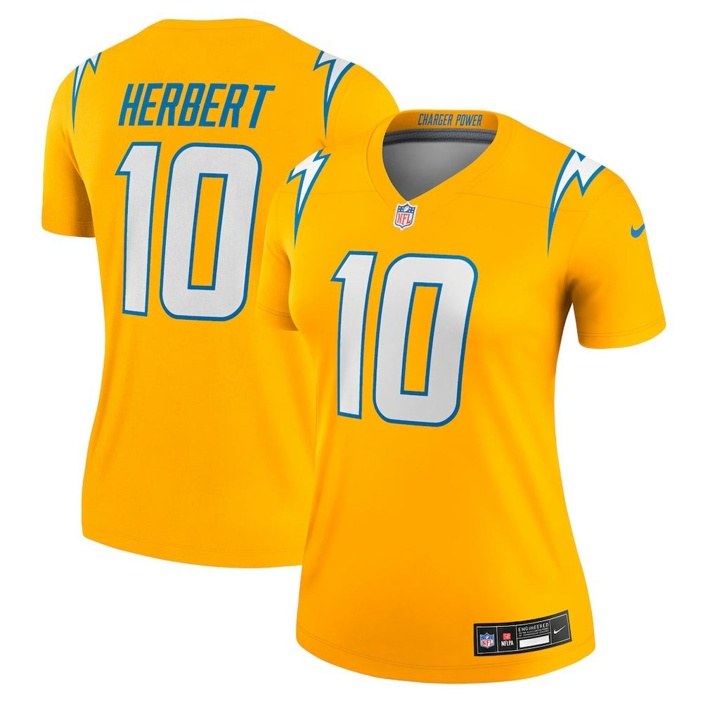 Justin Herbert Los Angeles Chargers Women's Alternate Charger Power Legend Player Performance Top - Gold Tops