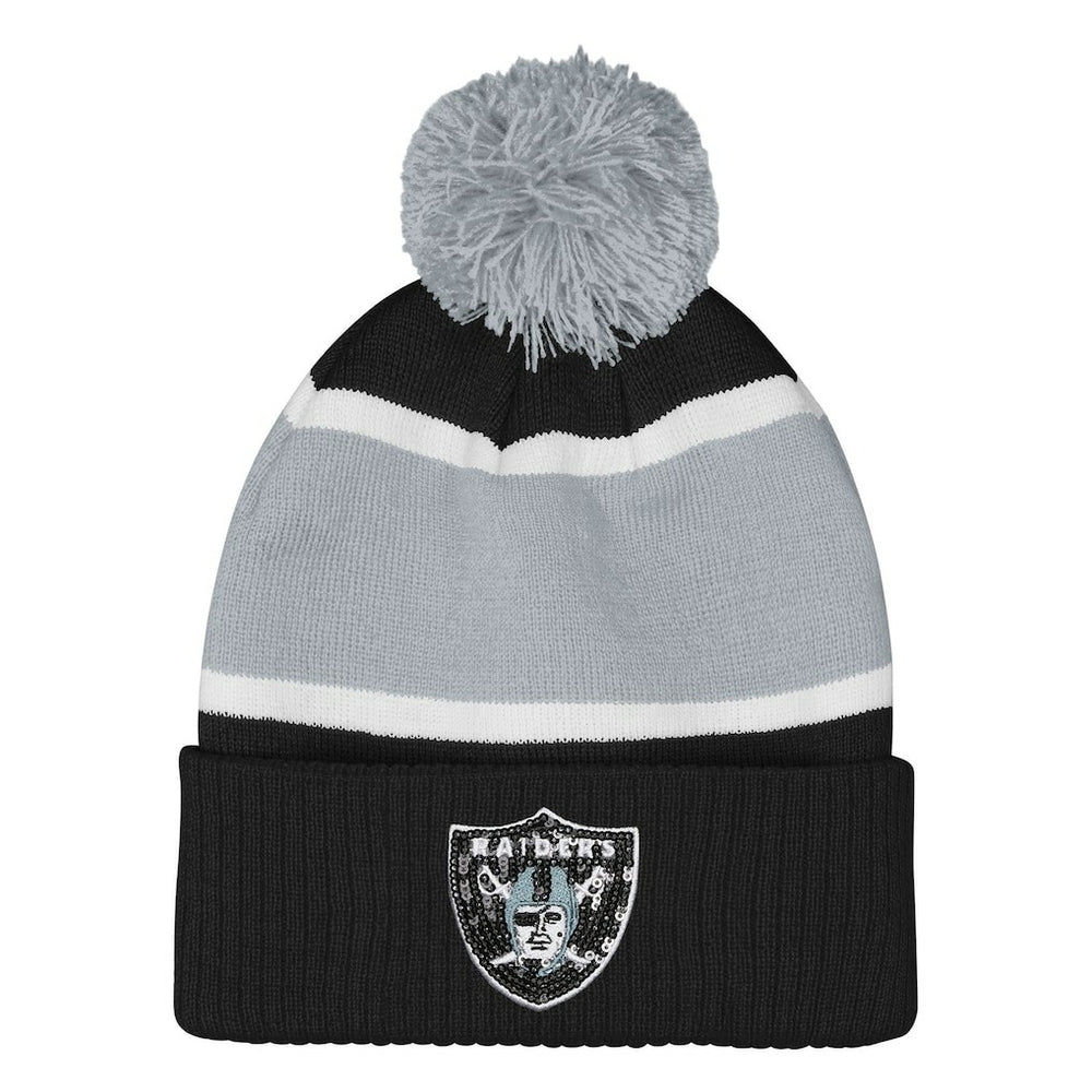 Las Vegas Raiders Outerstuff Girls Let's Play Cuffed Knit Hat with Pom - Black Hats