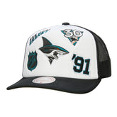 San Jose Sharks Mitchell & Ness Gridlock Trucker Adjustable Hat - White/Black | US 202545040