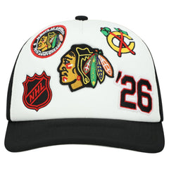 Chicago Blackhawks Mitchell & Ness Gridlock Trucker Adjustable Hat - White/Black | US 202545045
