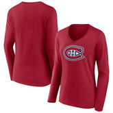 Montreal Canadiens Women's Primary Logo Long Sleeve V-Neck T-Shirt - Red | US 202545507