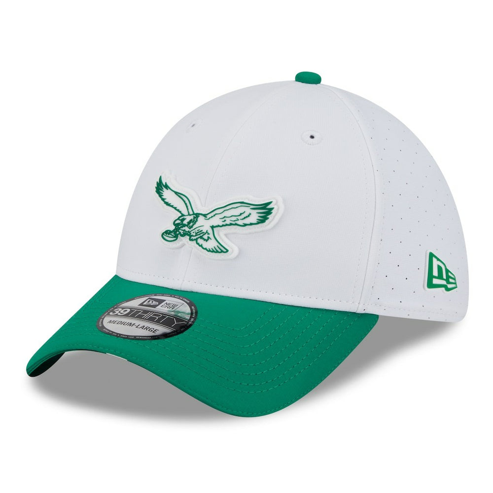 Philadelphia Eagles New Era 2025 NFL Training Camp Throwback Logo 39THIRTY Flex Hat - White/Kelly Green Hats