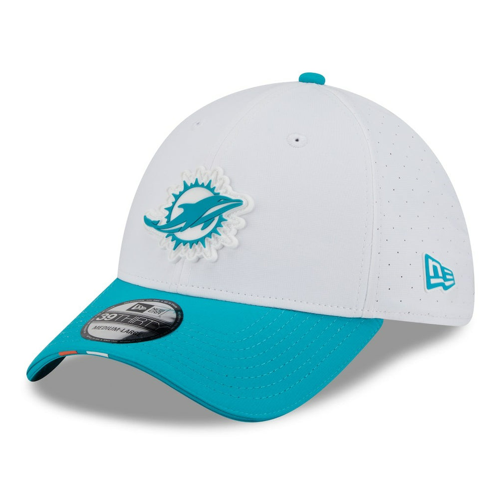 Miami Dolphins New Era 2025 NFL Training Camp 39THIRTY Flex Hat - White/Aqua Hats