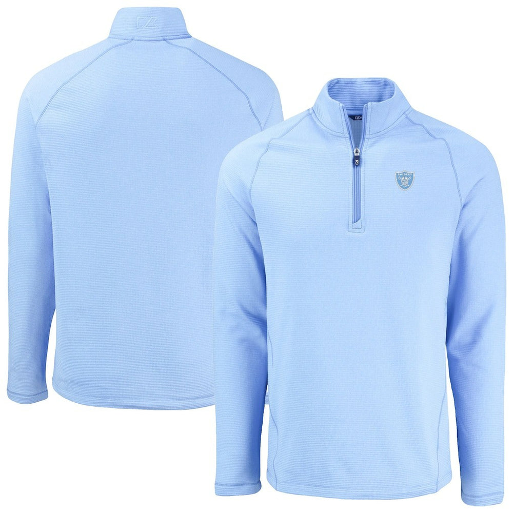 Las Vegas Raiders Cutter & Buck Peshastin Eco Fleece Recycled Raglan Quarter-Zip Top - Powder Blue Tops