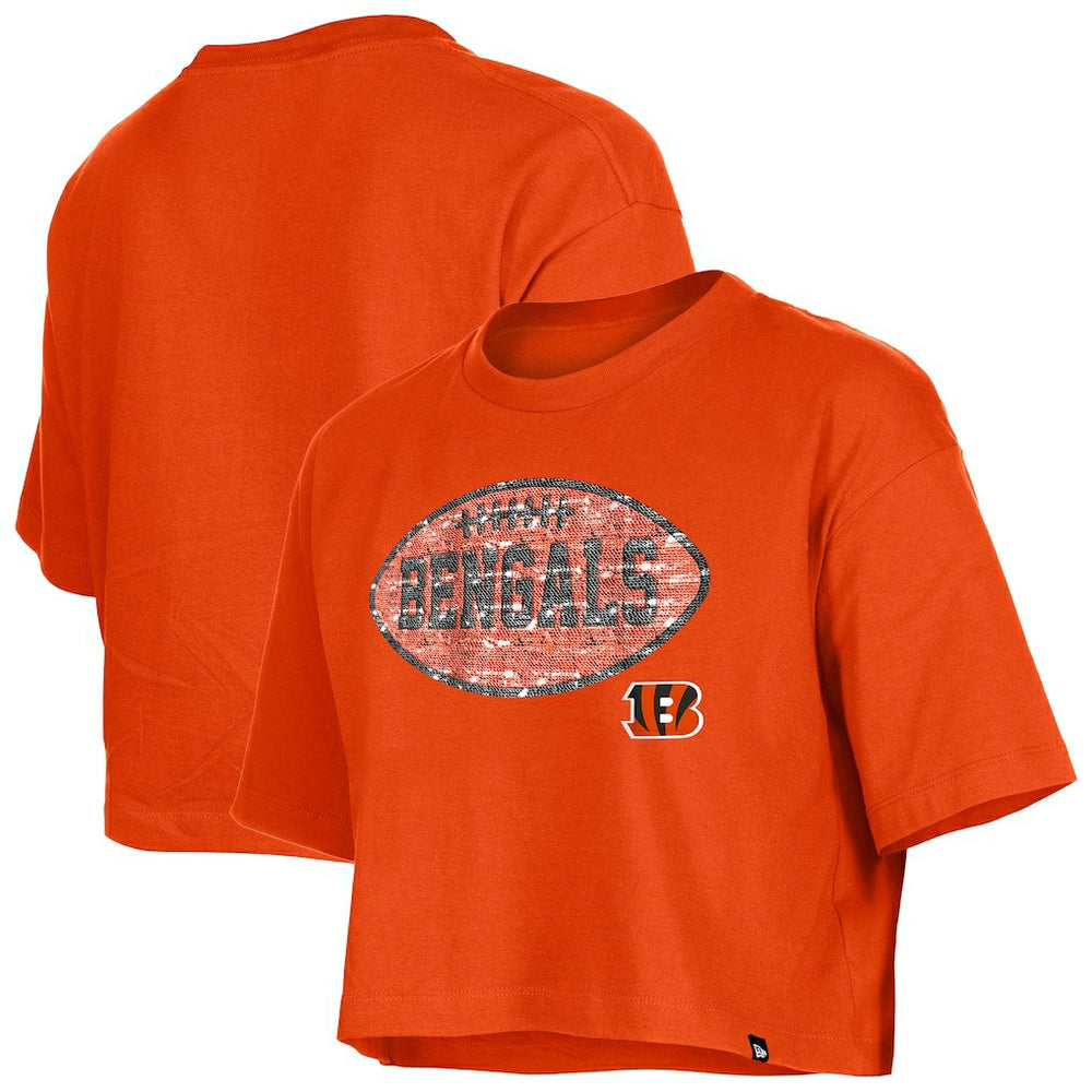 Cincinnati Bengals New Era Girl's Flip Sequin Boxy T-Shirt - Orange T-shirts