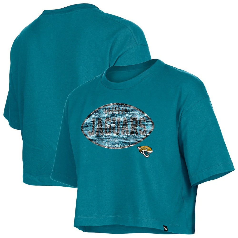 Jacksonville Jaguars New Era Girl's Flip Sequin Boxy T-Shirt - Teal T-shirts