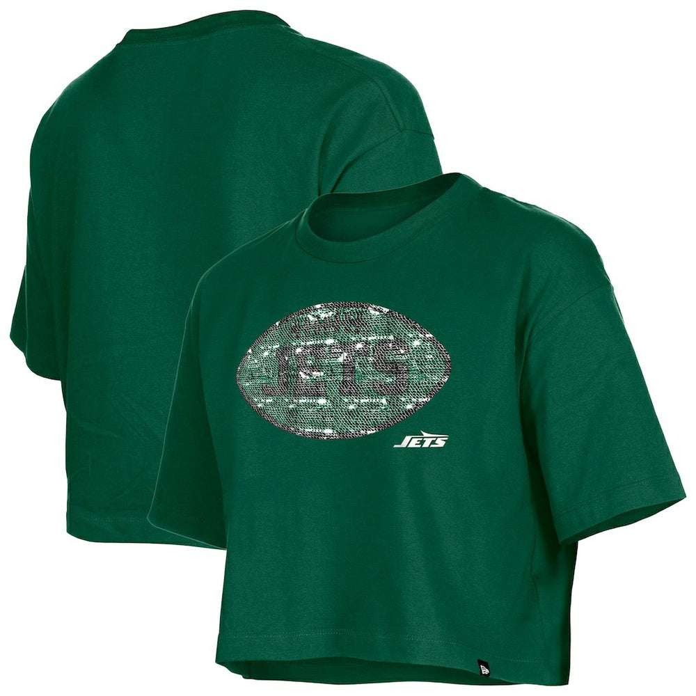 New York Jets New Era Girl's Flip Sequin Boxy T-Shirt - Green T-shirts