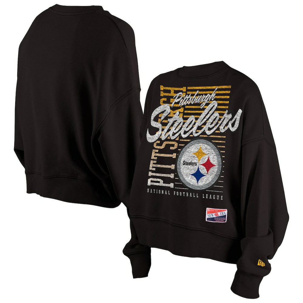 Pittsburgh Steelers New Era Women's Oversized Throwback Mineral Wash Crew Neck Sweatshirt - Black Sweatshirts