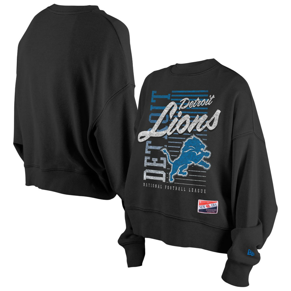 Detroit Lions New Era Women's Oversized Throwback Mineral Wash Crew Neck Sweatshirt - Black Sweatshirts