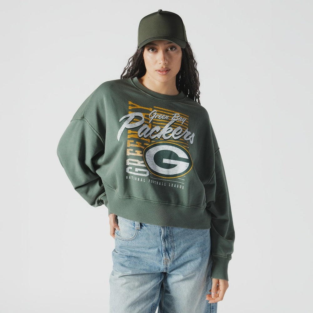 Green Bay Packers New Era Women's Oversized Throwback Mineral Wash Crew Neck Sweatshirt - Green Sweatshirts