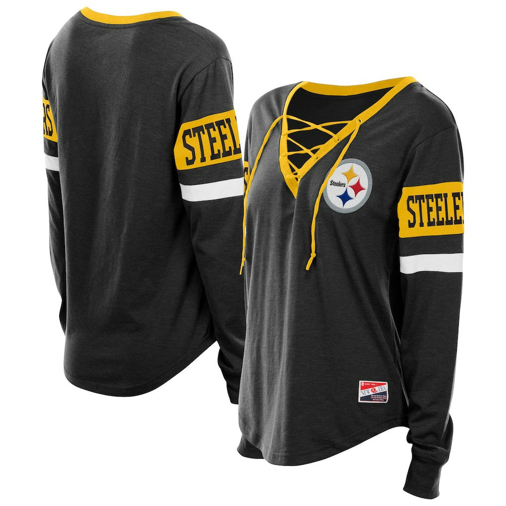 Pittsburgh Steelers New Era Women's Plus Size Throwback Lace-Up Long Sleeve T-Shirt - Black T-shirts