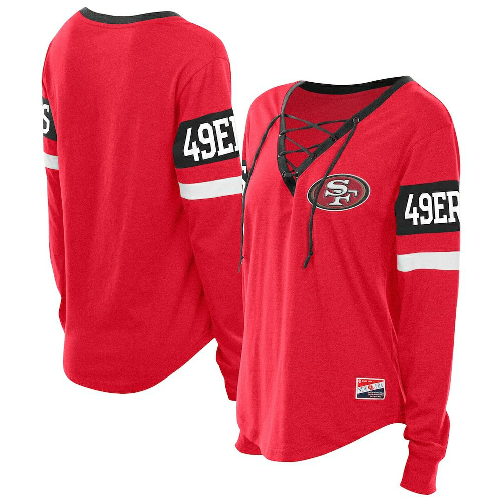 San Francisco 49ers New Era Women's Plus Size Throwback Lace-Up Long Sleeve T-Shirt - Scarlet T-shirts