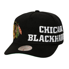 Chicago Blackhawks Mitchell & Ness Busted Logo Wordmark Wrap Around Pro Pinch Adjustable Hat - Black | US 202641039