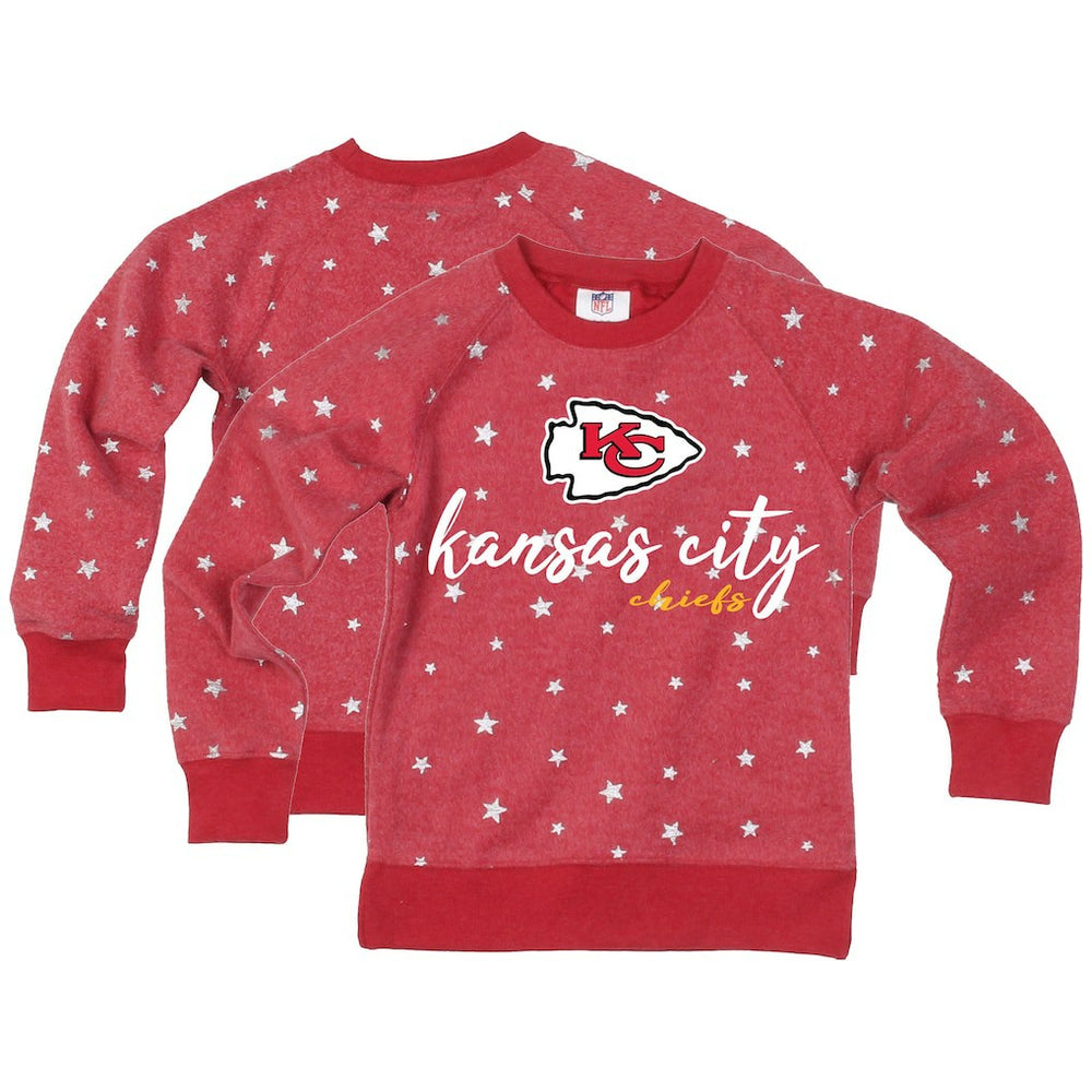 Kansas City Chiefs Wes & Willy Girls Youth Shimmer Star Reverse Fleece Pullover Sweatshirt - Red Pullover