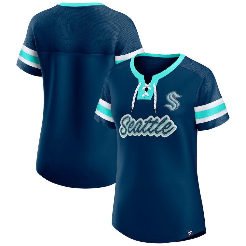Seattle Kraken Fanatics Women's Iconic Athena Lace-Up T-Shirt - Deep Sea Blue | US 202683991