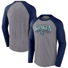 Seattle Kraken Fanatics Goal Crease Raglan Tri-Blend Long Sleeve T-Shirt - Heather Gray/Heather Deep Sea Blue | US 202688695
