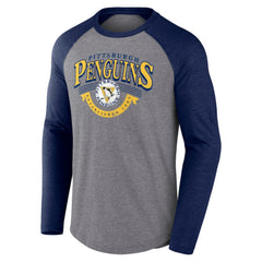 Pittsburgh Penguins Fanatics Goal Crease Raglan Tri-Blend Long Sleeve T-Shirt - Heather Gray/Heather Navy | US 202688696