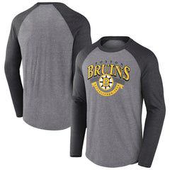 Boston Bruins Fanatics Goal Crease Raglan Tri-Blend Long Sleeve T-Shirt - Heather Gray/Heather Charcoal | US 202688698