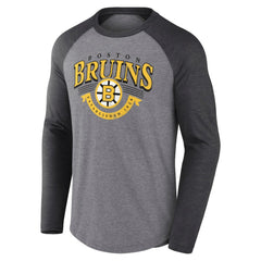 Boston Bruins Fanatics Goal Crease Raglan Tri-Blend Long Sleeve T-Shirt - Heather Gray/Heather Charcoal | US 202688698