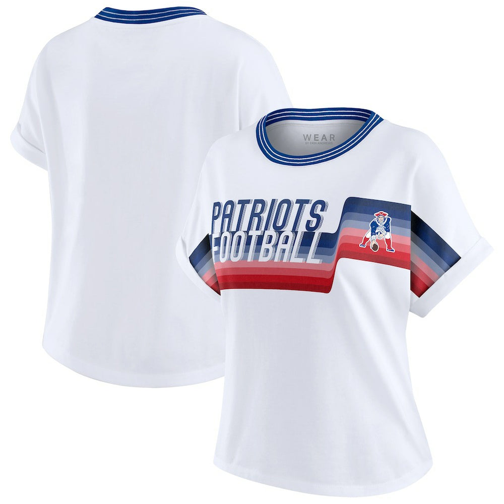 New England Patriots WEAR by Erin Andrews Women's Cropped Center Stripe Dolman T-Shirt - White T-shirts