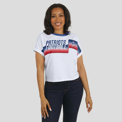 New England Patriots WEAR by Erin Andrews Women's Cropped Center Stripe Dolman T-Shirt - White T-shirts