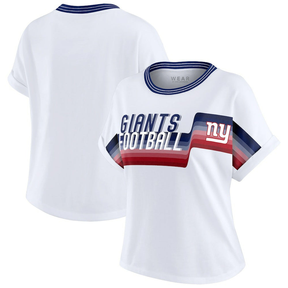 New York Giants WEAR by Erin Andrews Women's Cropped Center Stripe Dolman T-Shirt - White T-shirts